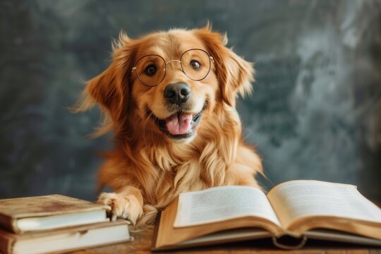 Cute golden retriver puppy dog wearing glasses and smiling, while sitting at a desk with an open book in a classroom.