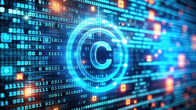 A blurred background of source code and a copyright symbol highlight the importance of protecting intellectual property in the digital age of creative works.