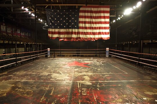 Empty boxing ring illuminated with stage lights in an old, run down boxing gym