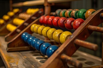 Wooden abacus standing on a vintage table is showing the concept of accounting and finance