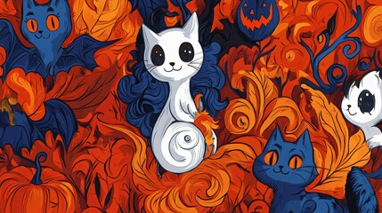 Happy Halloween Cats: A whimsical and spooky illustration featuring adorable cats amidst swirling autumn leaves and pumpkins, perfect for celebrating the festive season.  