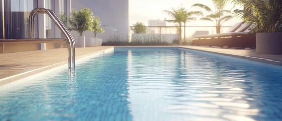 Fototapeta premium Rooftop Pool with Stainless Steel Ladder and Palm Trees