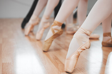 People, feet and ballet dancers with toes on floor for lesson or class in row, line or studio. Closeup of female person or ballerina group with shoes, legs or foot pointing in performance or training