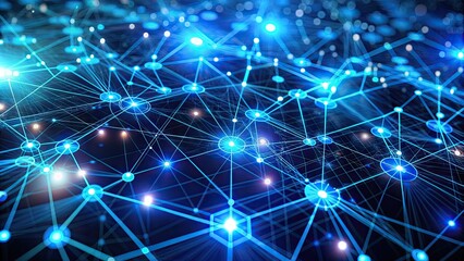 Obraz premium Abstract futuristic background featuring interconnected nodes and glowing circuits in a vibrant neon blue network, representing technology and digital connectivity.