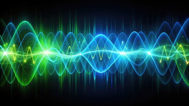 Abstract digital waveform composition featuring vibrant blue and green oscillations against a dark background, evoking a sense of futuristic technology and dynamic energy.