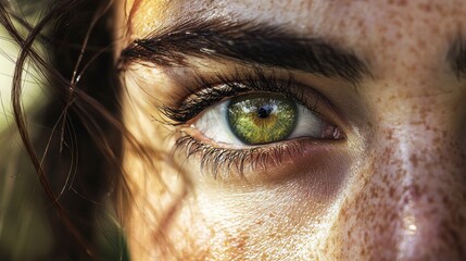 Close-up of a woman's green eye with freckles and long eyelashes