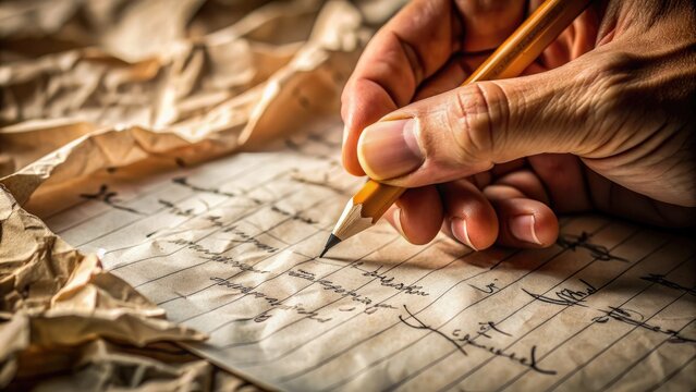 A close-up of a hand holding a pencil, scribbling cursive words on a crumpled, aged sheet of paper with faint grid lines and torn edges. - Powered by Adobe