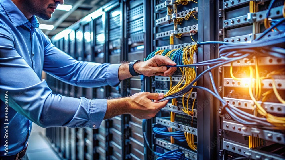 Poster a close-up of a technician's hands plugging in cables and checking connections on a server rack in a
