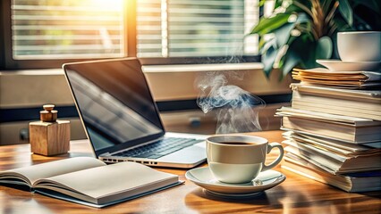 A cluttered desk with an open laptop, scattered papers, and a steaming cup of coffee, symbolizing a student's intense focus on completing their dissertation.
