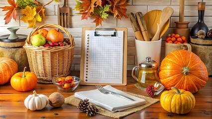 A clutter-free kitchen counter displays a neatly organized checklist, utensils, and ingredients for a stress-free Thanksgiving meal preparation, surrounded by fall-themed decorative accents.