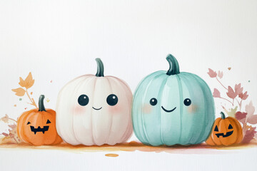 Cadre Aquarelle Illustration mignonne de citrouilles colorées avec des visages souriants, entourées de petites citrouilles d'Halloween. Ambiance joyeuse et festive. Espace pour texte 