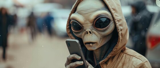 Extraterrestrial alien with black wide eyes talking on mobile phone against blurred background 