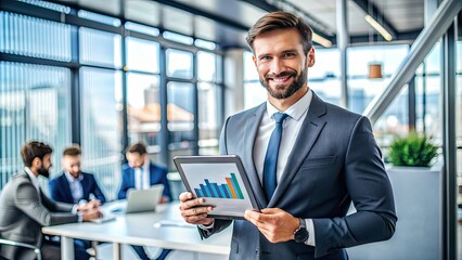 Fototapeta premium A confident businessman holds a tablet displaying a product, surrounded by graphs and charts, conveying trusted approval and professional credibility in a modern office setting.