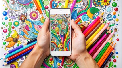 Fototapeta premium A creative hand holds a smartphone with a whimsical doodle-covered screen, surrounded by colorful pens and papers, against a bright white background.