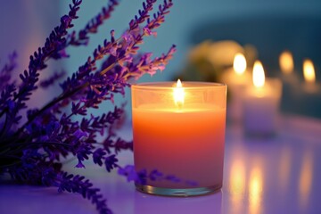 Scented candle burning with a soft glow, beside a bouquet of lavender flowers, creates a relaxing and peaceful atmosphere