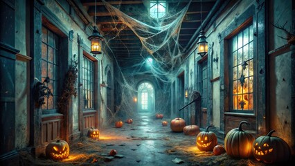 A dimly lit, abandoned asylum hallway is overrun with cobwebs, skeletons, and jack-o'-lanterns, exuding an eerie, foreboding atmosphere perfect for terrifying Halloween scenes.