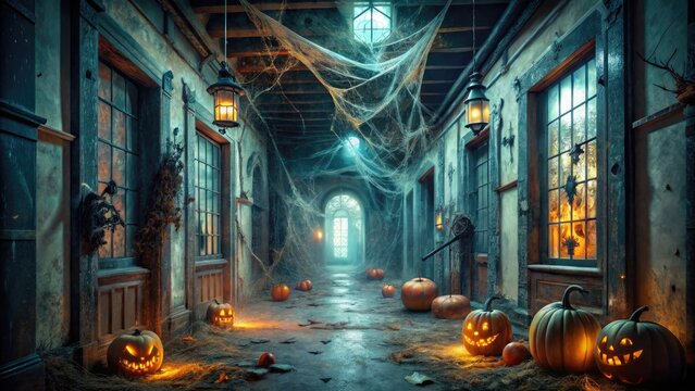 A dimly lit, abandoned asylum hallway is overrun with cobwebs, skeletons, and jack-o'-lanterns, exuding an eerie, foreboding atmosphere perfect for terrifying Halloween scenes.