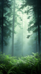 Obraz premium Sunlight streams through a misty forest, illuminating tall trees and a carpet of ferns.