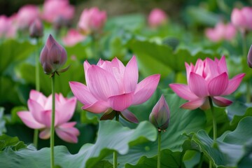 Obraz premium Pink lotus flowers are blooming in the pond surrounded by green leaves