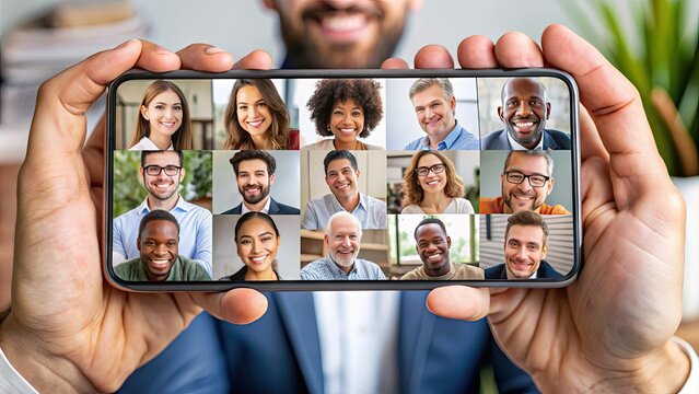 A diverse range of hands holding a single phone, with multiple faces appearing on the screen, engaged in a lively and energetic video conference.