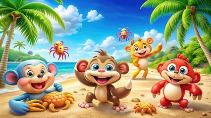 Fototapeta premium Adorable cartoon animals, including a smiling monkey and happy crab, play together on a sunny beach surrounded by swaying palm trees and colorful seashells.