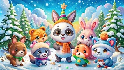 Fototapeta premium Adorable cartoon friends, including pandas, rabbits, and foxes, frolic in a vibrant winter wonderland filled with delicate snowflakes, rainbow hues, and whimsical textures.