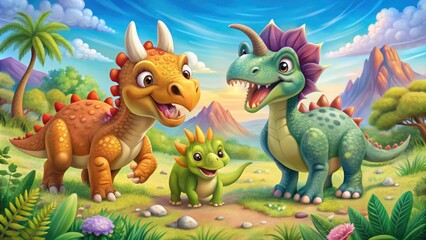 Fototapeta premium Adorable, colorful cartoon dinosaurs, including a happy triceratops, smiling stegosaurus, and curious velociraptor, playing and interacting in a whimsical, imaginary prehistoric landscape.