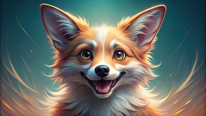 Adorable digital artwork of a curly-tailed, fox-like dog with bright, expressive eyes and a cheerful smile, set against a soft, pastel-colored background.