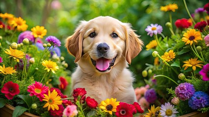 Adorable golden retriever puppy sitting amidst a vibrant bouquet of colorful flowers, surrounded by lush greenery, with a joyful and playful expression.