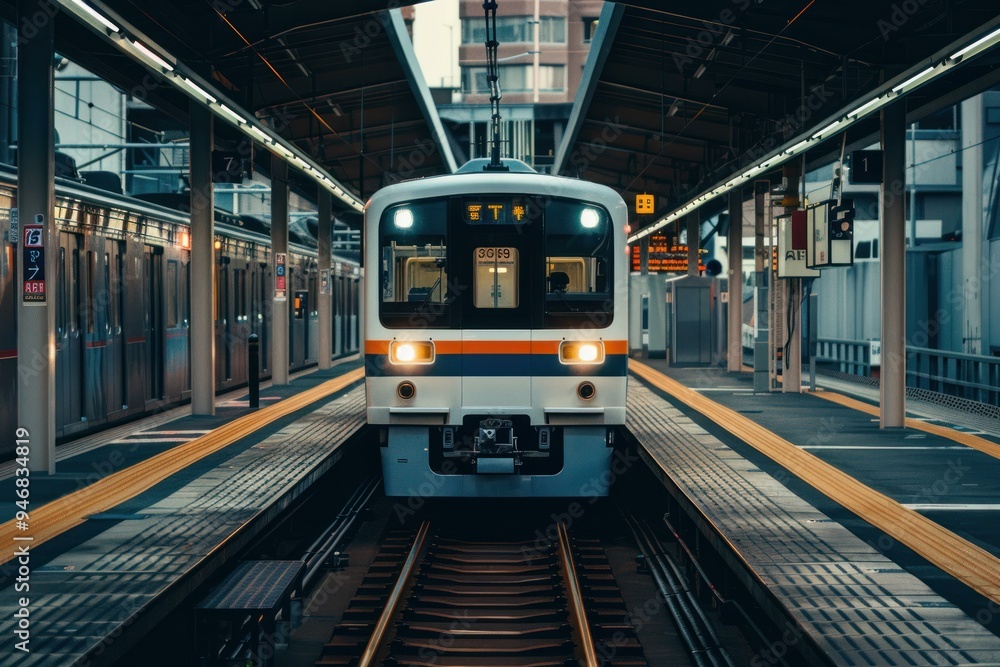 Poster modern train is approaching an empty station platform with its headlights turned on
