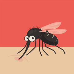 Cute Cartoon Flat Vector Mosquito Sucking Blood on Skin. Insect Enthusiasts. Bloodsucking Mosquito Design Template for Pest Control, Nature Education Concept, Vector Illustration