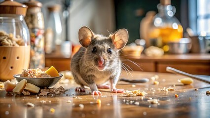Adorable grey mouse scurries across a cluttered kitchen counter amidst crumbs and spills, illuminated by a warm kitchen light, emphasizing household pest concerns.