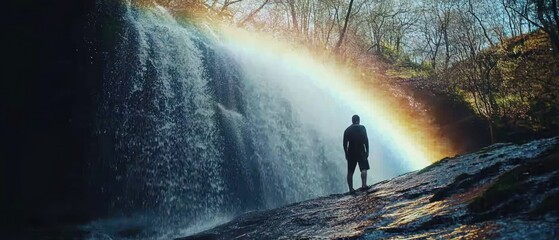 Obraz premium A Man Standing Beneath a Rainbow at a Waterfall