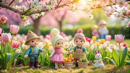 Adorable pastel-hued characters frolic amidst vibrant tulips, blooming cherry blossoms, and whimsical garden accents, evoking a sense of wonder in a serene spring haven.