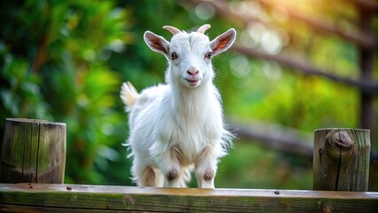 Obraz premium Adorable pygmy goat with fluffy white coat and curious gaze stands alone on a rustic wooden fence, surrounded by lush greenery and natural textures.