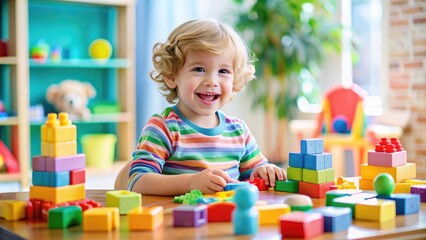 Adorable young child sitting at a table surrounded by colorful toys and blocks, enthusiastically engaging with educational materials and smiling with joyful curiosity.