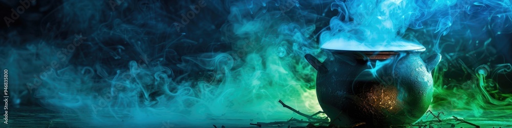 Wall mural retro witch's cauldron surrounded by blue and green mist for halloween.