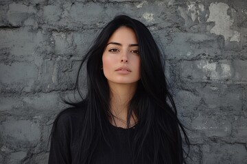 Fototapeta premium A woman with long black hair is standing in front of a brick wall, generative ai image