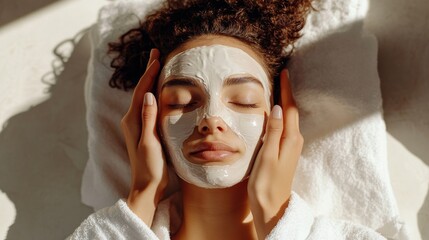 A women lays on the coach for beauty procedures with closed eyes wearing white robe and another hands are putting cosmetological mask on face in the style of minimalist beauty,distinct facial features