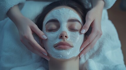 A women lays on the coach for beauty procedures with closed eyes wearing white robe and another hands are putting cosmetological mask on face in the style of minimalist beauty,distinct facial features