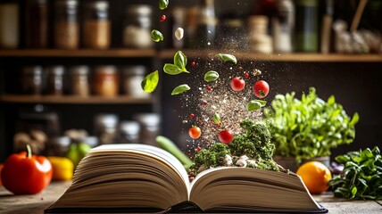 Open recipe book with food related icons above