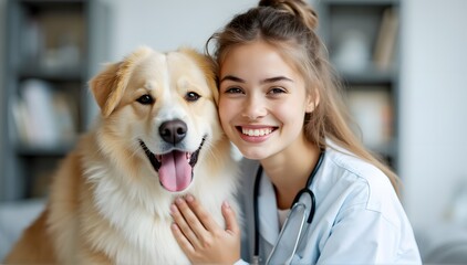 young teenage vet with happy dog