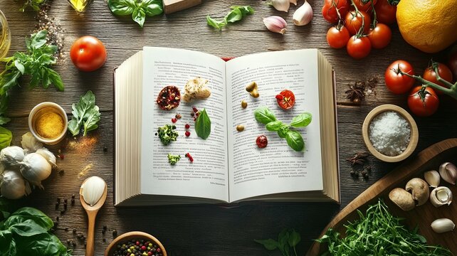 Open recipe book with food related icons above