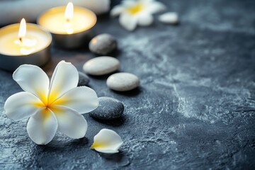 Plumeria flower with five petals and stones, there is candle also on grey concrete table in massage bright room, for spa background