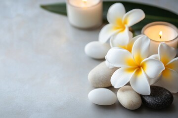 Plumeria flowers, candle and stones for spa minimalist light white gradient background.