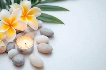 Plumeria flowers, candle and stones for spa minimalist light white gradient background.