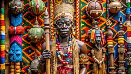Fototapeta premium African Yoruba ceremonial staff adorned with intricate carvings and symbols, standing upright on a traditional colorful textile, surrounded by sacred objects and ritualistic artifacts.