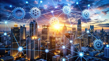 A futuristic cityscape with interconnected gears, circuits, and networks forming a cohesive whole, symbolizing seamless technology integration and innovative digital connectivity.