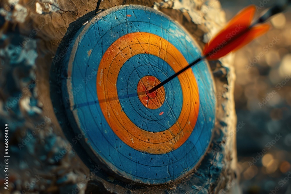 Poster arrow is embedded in the center of a weathered and worn orange and blue target