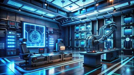 Fototapeta premium A futuristic laboratory features a futuristic mainframe computer system with glowing blue circuitry, cables, and robotic arms, surrounded by holographic data projections.
